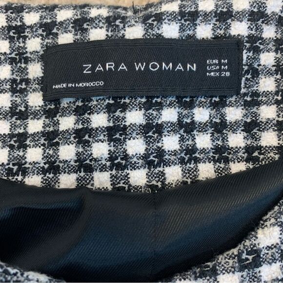 𝅺ZARA tweed plaid check black white bell sleeve jacket Sz M - Picture 11 of 15